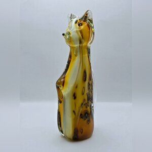 Vintage 10" Blown Art Glass MCM Cat Figure Amber Leopard Spots